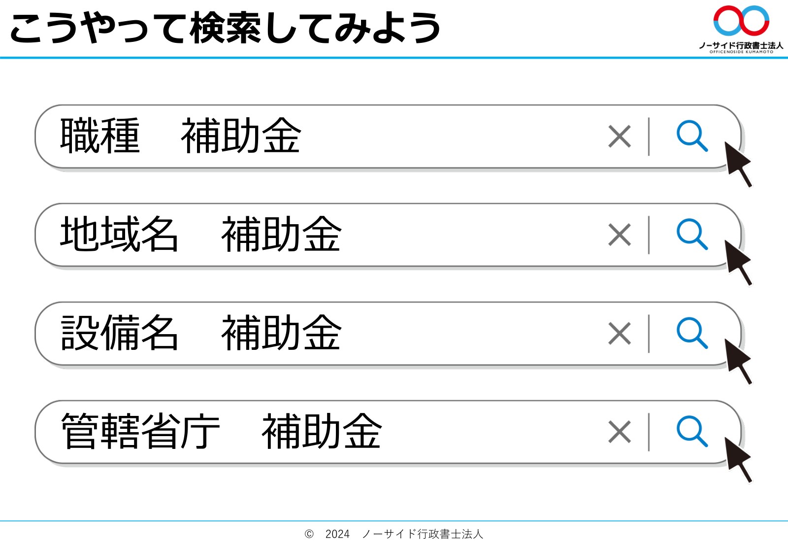補助金の検索のしかた。職種、地域名、設備名、管轄省庁にそれぞれ「補助金」を足して検索する
